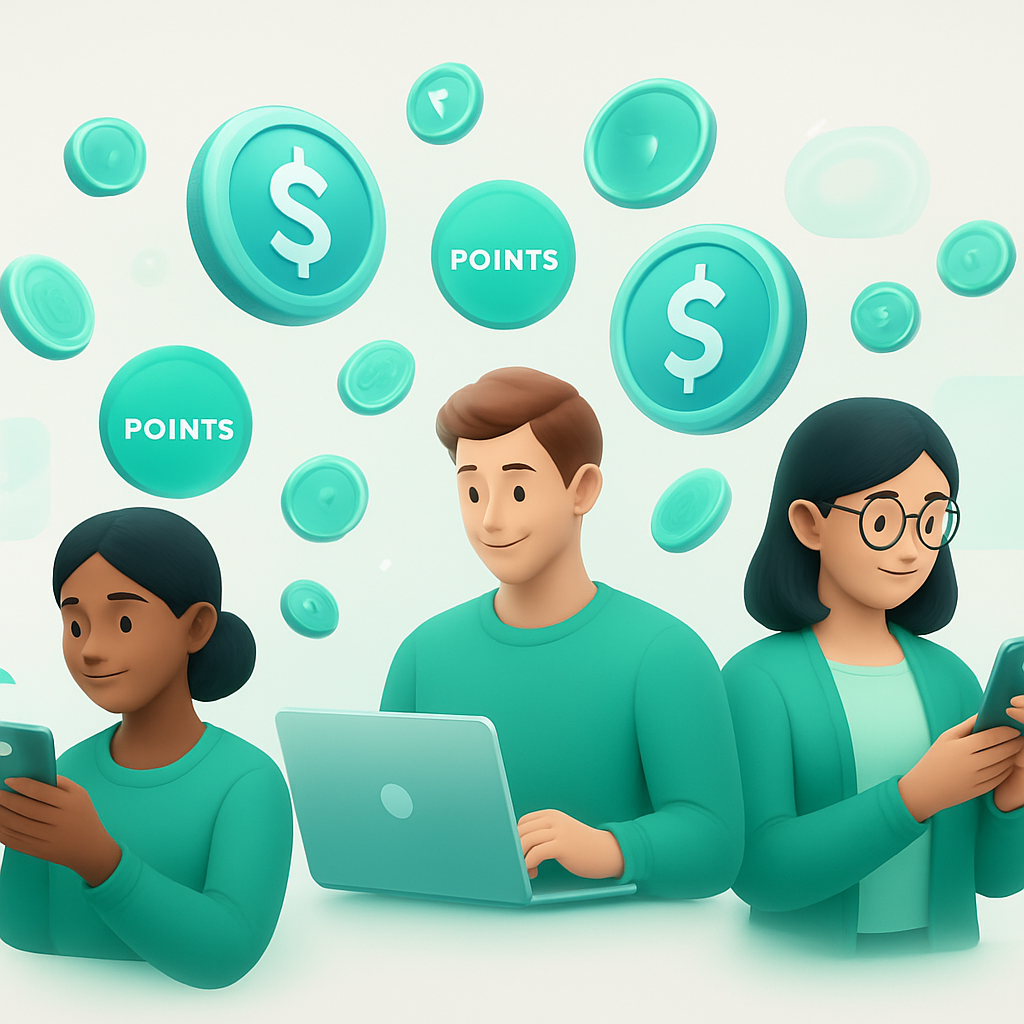 Illustration of people earning rewards across devices